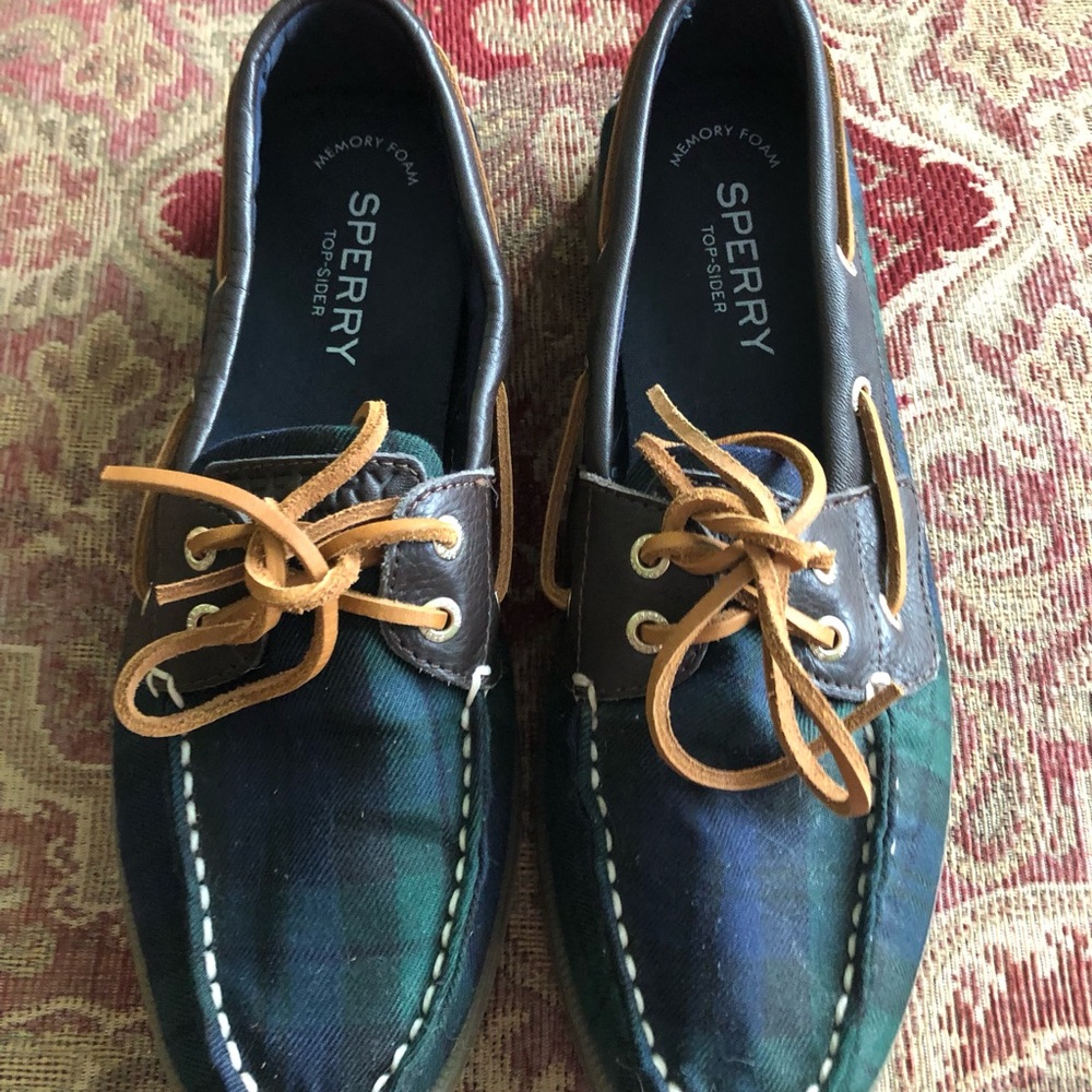 Sperry Topsider Blackwatch Blue and Green Plaid Boat Shoes with brown laces